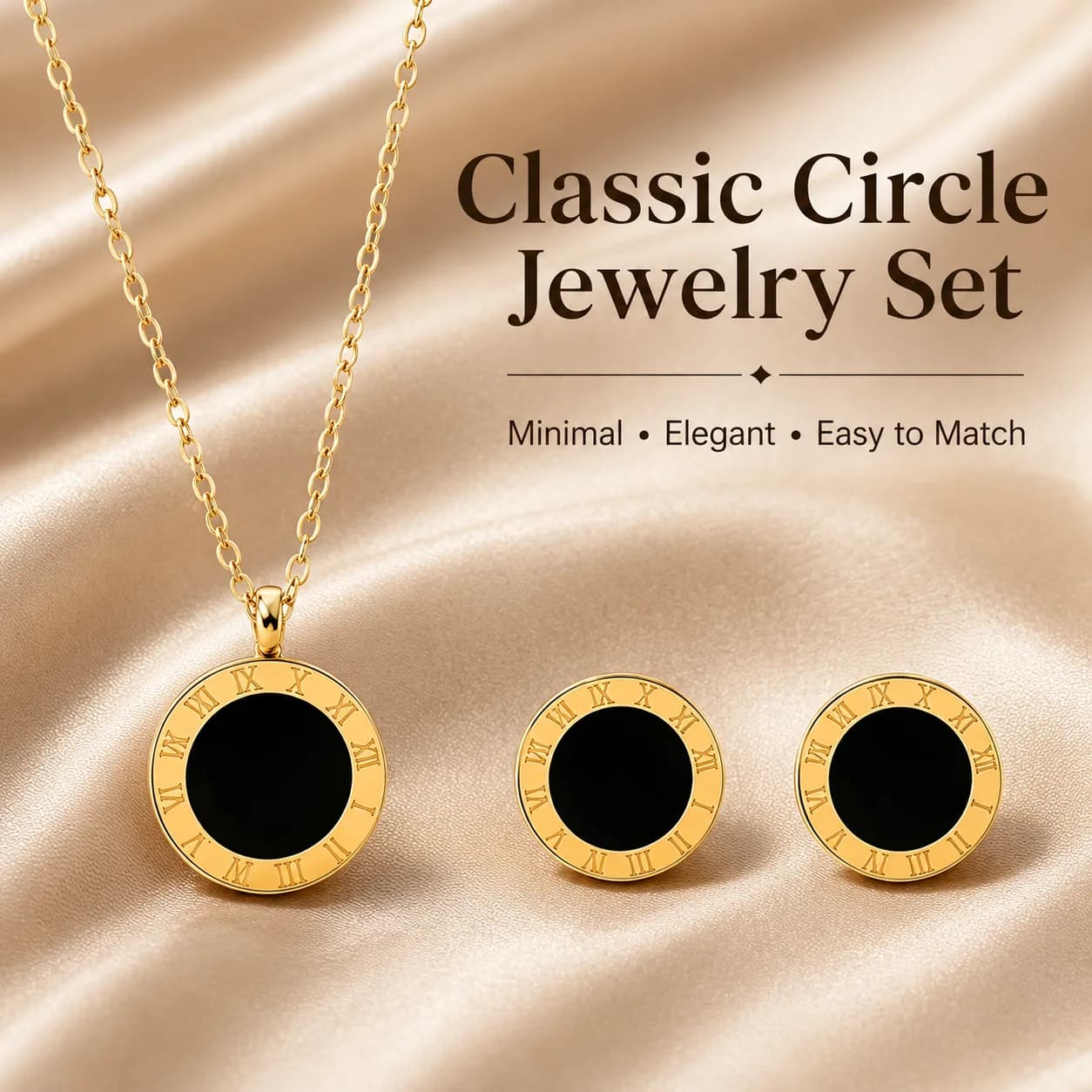 Roman Numeral Jewelry Set for Women Gold Color Round Pendant Necklace Stud Earrings Fashion Accessories