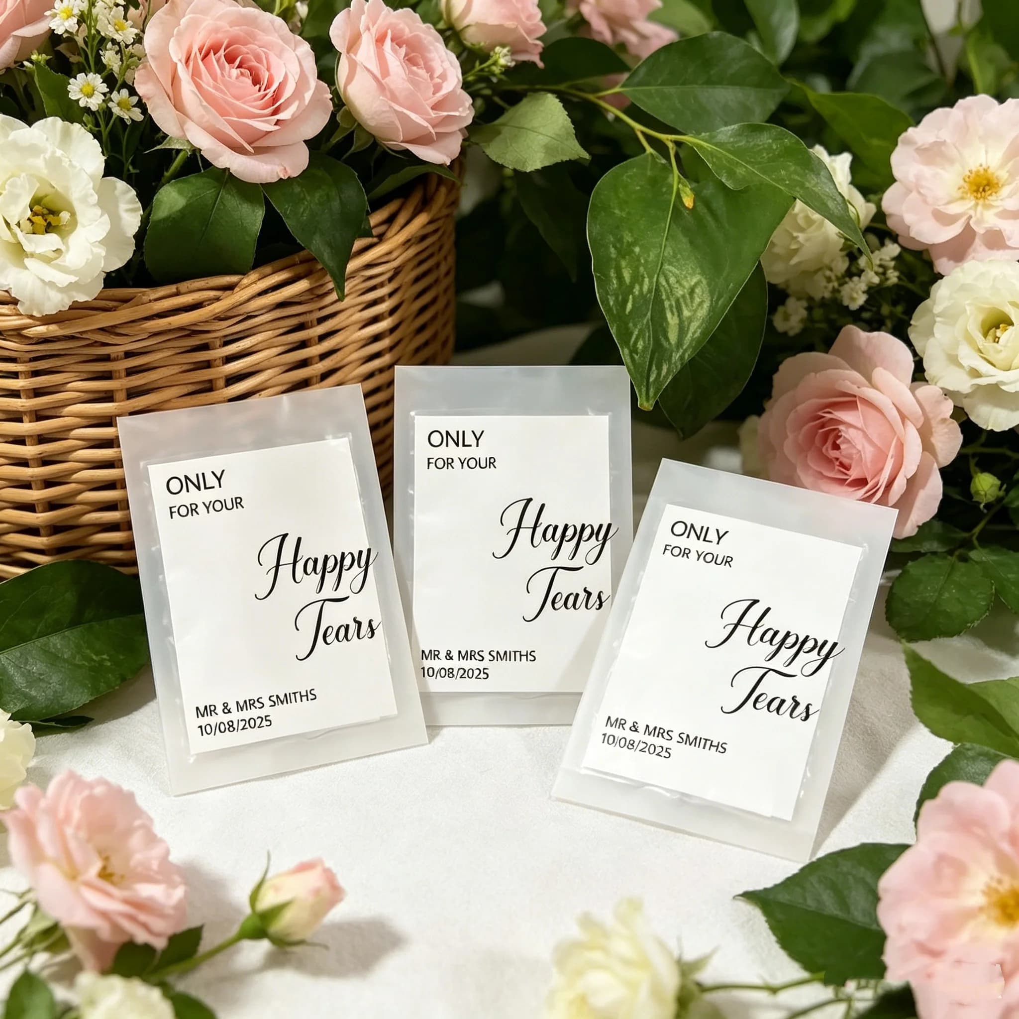 Fazzoletti Personalizzati 'Happy Tears' per Matrimonio, Confezione di Fazzoletti Tascabili per Ospiti, Bomboniere, Decorazioni per Addio al Nubilato