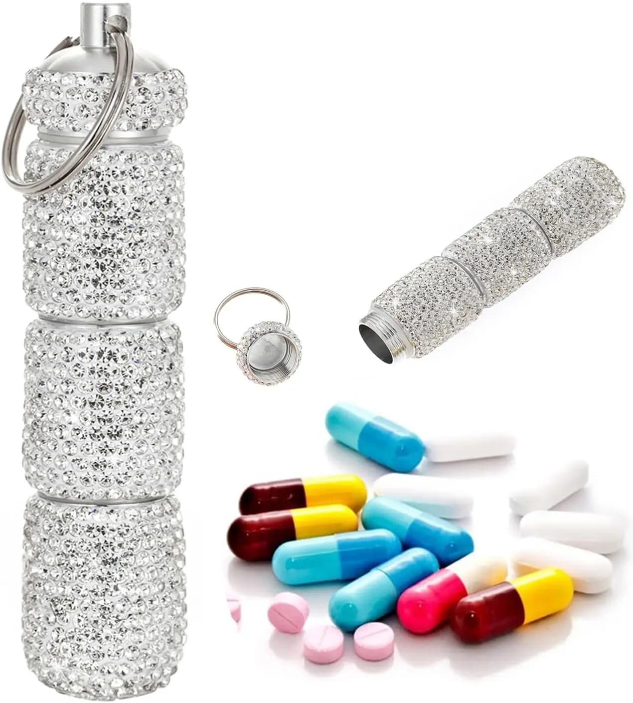 Portapillole Bling Portapillole da viaggio portatile con strass Portapillole piccolo impermeabile con portachiavi Scatola portapillole carina