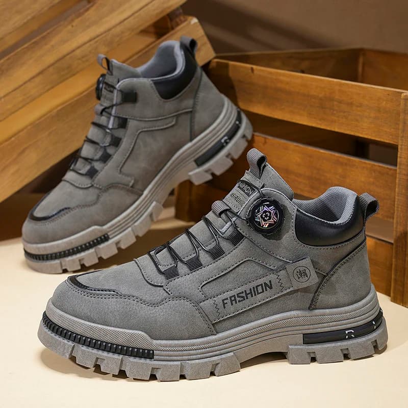 Men's Mid Top Work Boots Chunky Lug Sole Non Slip Platform Sneakers Outdoor Hiking Casual Utility Ankle Shoes Grey Khaki Two Col