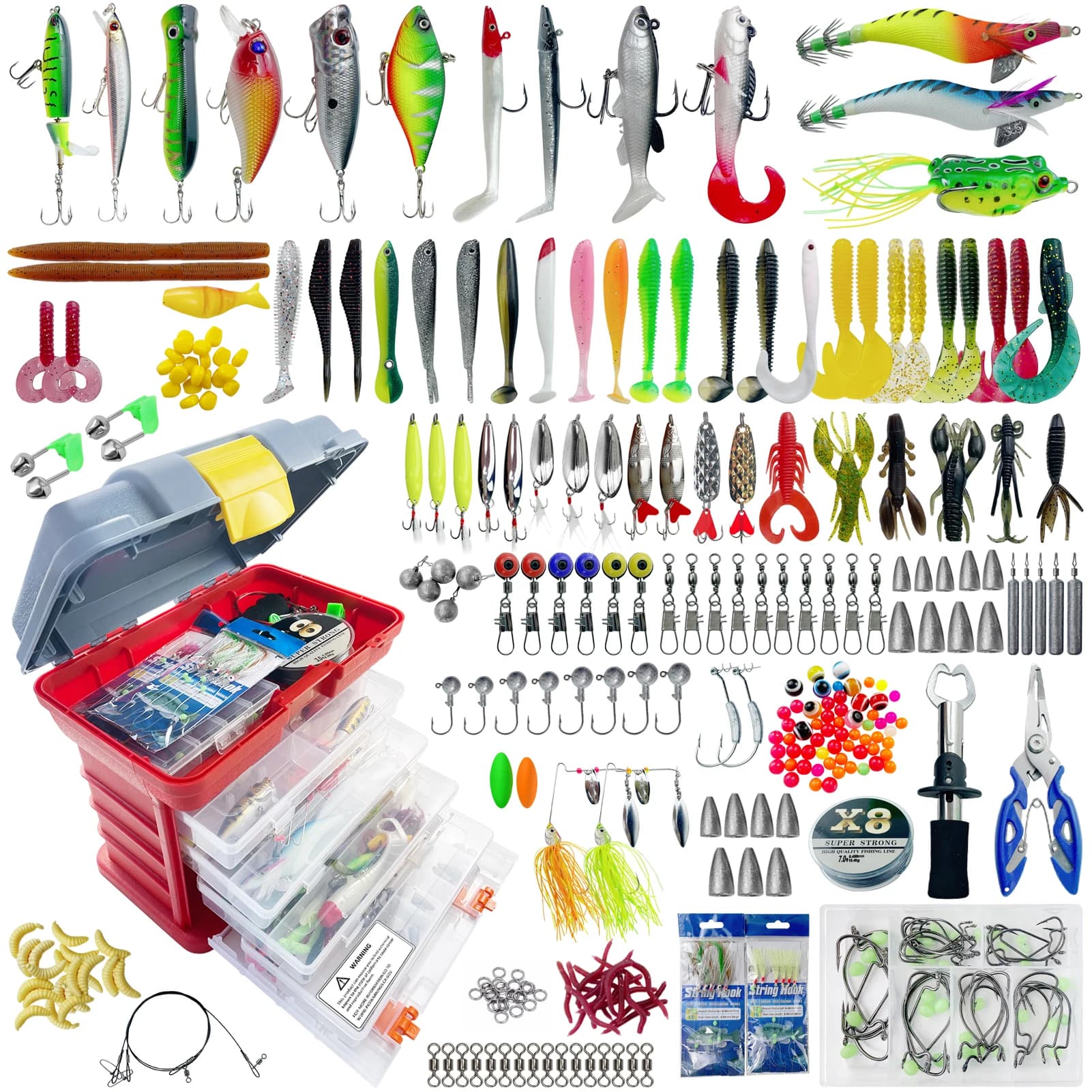 Kit di Attrezzatura da Pesca in Mare FREE FISHER 353 Pezzi, Custodia Multifunzionale a 4 Strati, Scatola per Attrezzi da Pesca, Esche, Ami, Piombi, Accessori