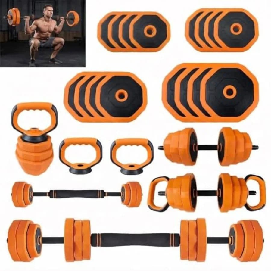 Manubri Regolabili da 20 kg (44 libbre) con Connettore, Set 4 in 1 Utilizzabile come Bilanciere, Kettlebell e Supporto per Flessioni