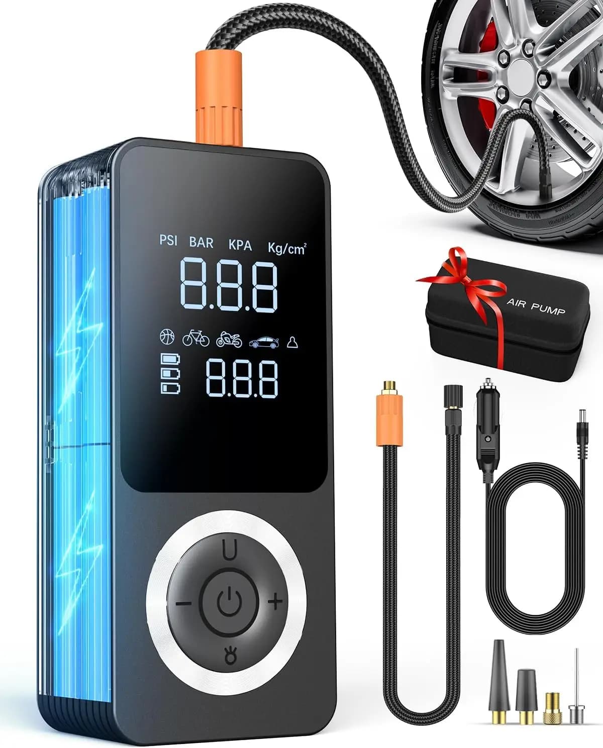Wireless Portable Air Compressor with Digital Pressure Gauge, LED Light, 12V Adapter and Auto Pneumatic Storage Box
