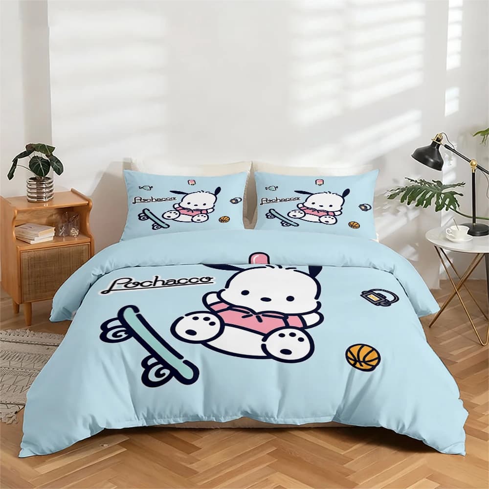 Set di biancheria da letto con stampa digitale ad alta definizione in 3 pezzi con motivo Pochacco, set copripiumino con design floreale grande, include 1 copripiumino + 2 federe, adatto per camera da letto, camera degli ospiti, decorazioni per la casa, copripiumino + federa in fibra di poliestere, biancheria da letto ultra morbida, tessuto spesso, adatto a tutte le stagioni, lavabile in lavatrice