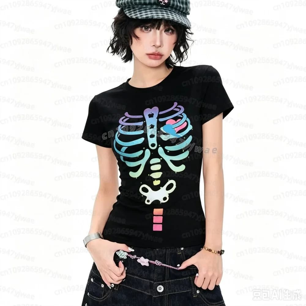 2026 Winter Women's Halloween Skeleton Bones Print O- Neck Short Sleeve Loose Casual Sports Y2k T-Shirt Women Men Jerseys