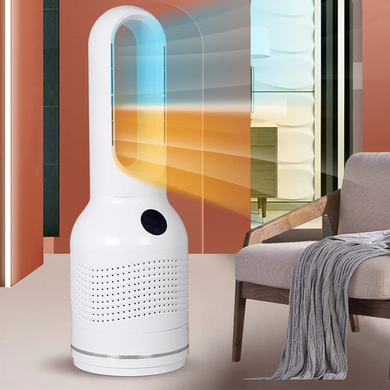 Ventilatore a piedistallo a torre senza lama con purificatore d'aria intelligente 3 in 1 con riscaldatore elettrico e funzione in piedi senza foglie per uso domestico
