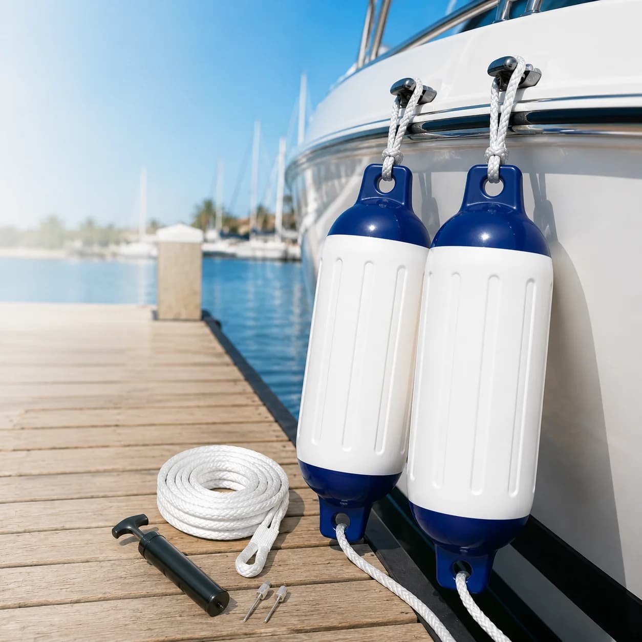 2PCS PVC Inflatable Boat Fenders with Rope, Marine Dock Bumper Anti-Collision Protection Buoys for Yacht, Boat and Dock Mooring