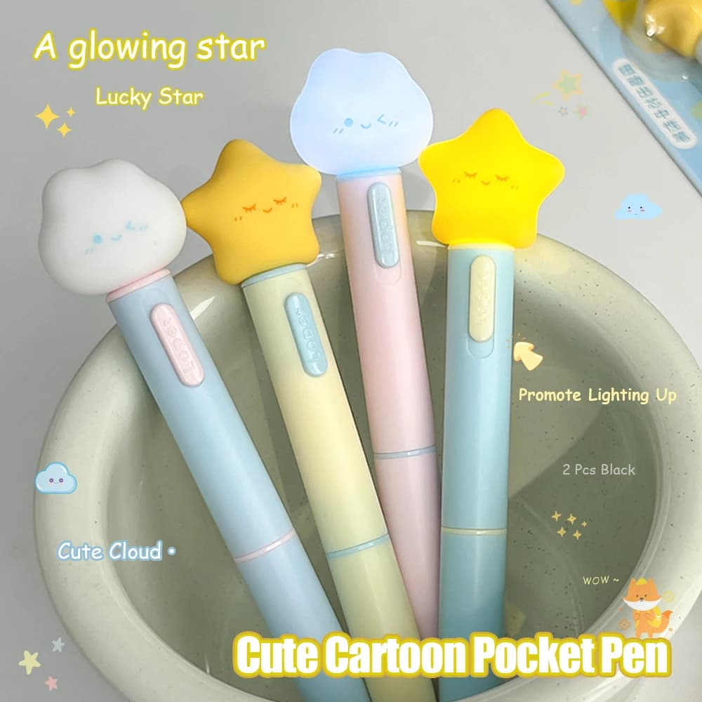 2 Fun Glow Gel Pens + 10 Pcs Refills 0.5mm Cute Star Pocket Pens Minimalist Style Black Pens Study & Office Essential