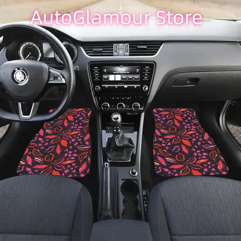 Set di tappetini per auto di arte astratta floreale con labbra rosse e rosa, tappetini anteriori e posteriori per auto, accessori per auto