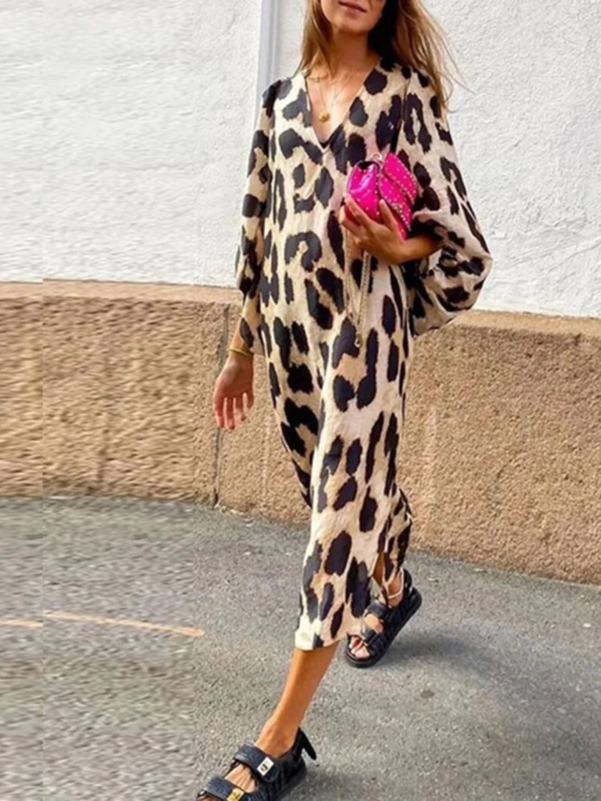 Summer New Fashion Leopard Print Loose Lantern Sleeve Midi Dress Women's Printed Dress Loose Waist Polyester Fiber A-Line Ski...