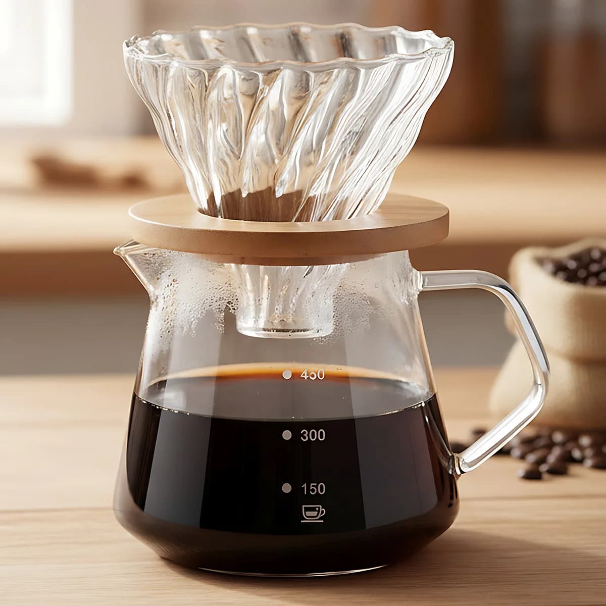 Caffettiera Pour Over - Caraffa in Vetro da 300/600ML con Filtro/Colino in Vetro, Set per Casa o Ufficio