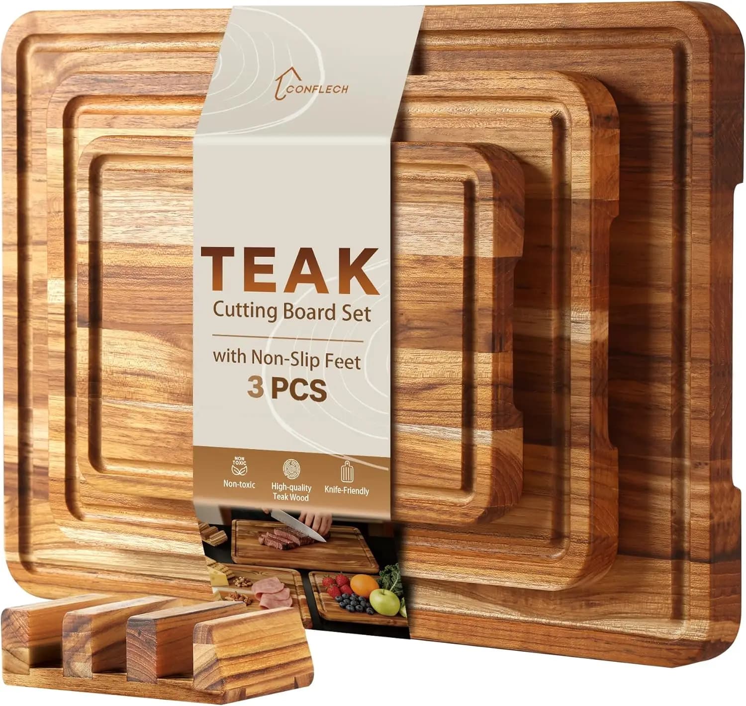 Set di 3 Taglieri in Legno di Teak con Scanalatura per Succhi, Taglieri Solidi Resistenti Non Tossici per Cucina e Salumeria