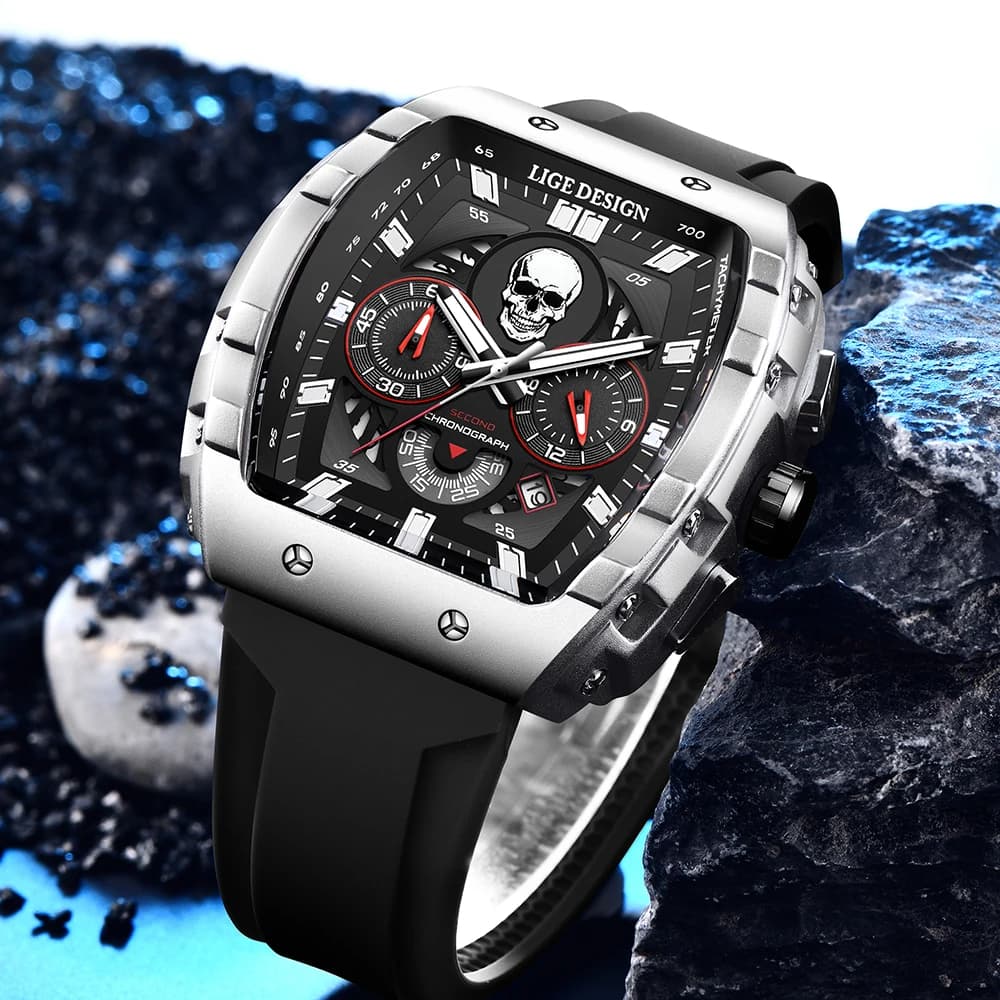 Orologio da uomo LIGE con quadrante scheletrato a teschio, orologio sportivo militare da uomo, casual, alla moda, di lusso, impermeabile, al quarzo, con scatola.