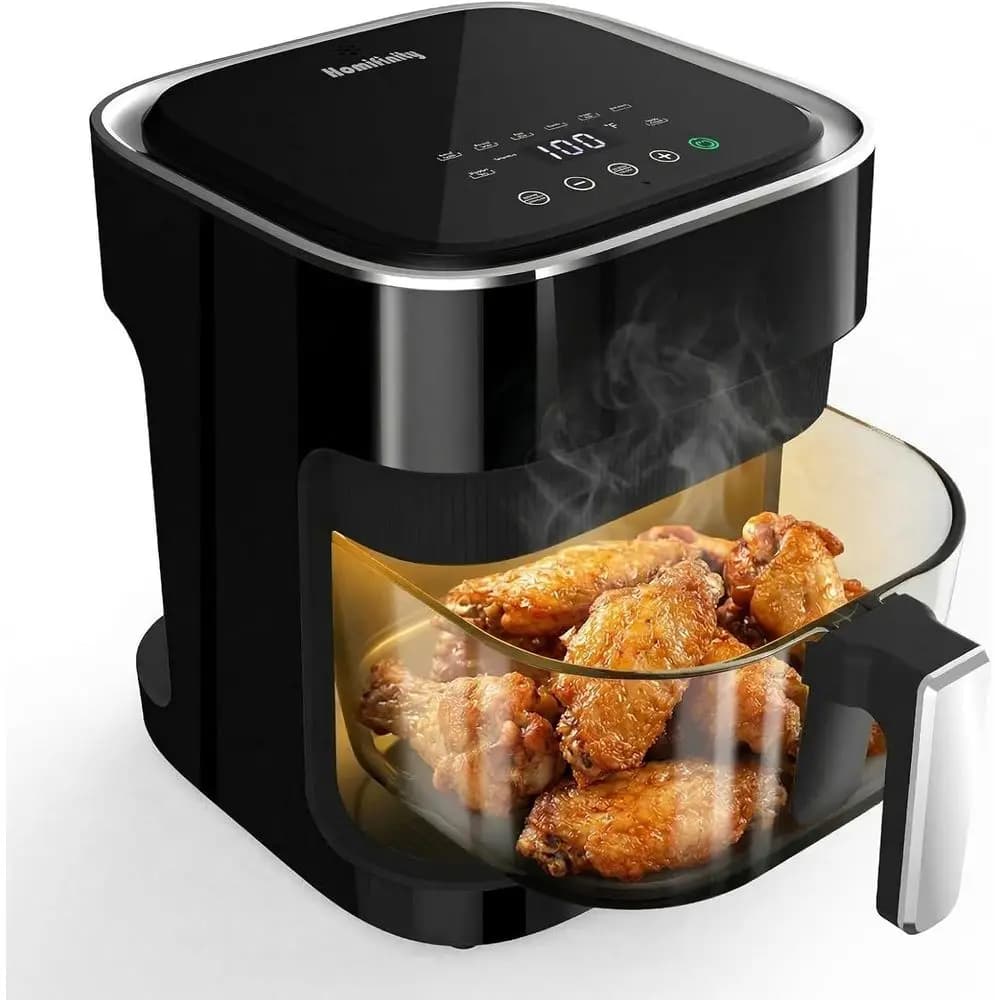 Friggitrice ad aria da 4,5 litri in vetro borosilicato atossico con tecnologia 360 ° View, vassoio in acciaio inossidabile, 8 preimpostazioni in 1, gratuito e lavabile in lavastoviglie, nero