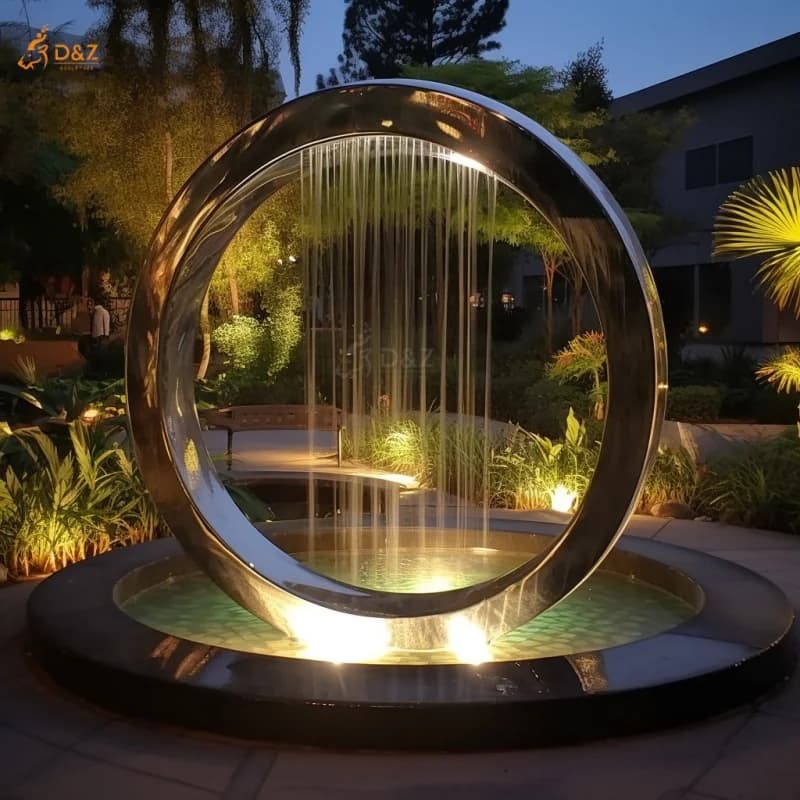 Decorazioni pubbliche quadrate per hotel all'aperto Specchio moderno di grandi dimensioni Anello luminoso a led Tenda per acqua Anello in acciaio inossidabile Fontana per cascata