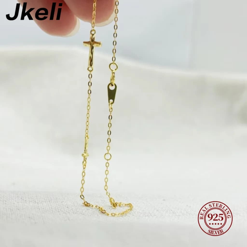 Jkeli S925 Bracciale in argento sterling scintillante con croce Bracciale a catena a maglie impilabile di moda semplice per regalo di gioielleria raffinata da donna