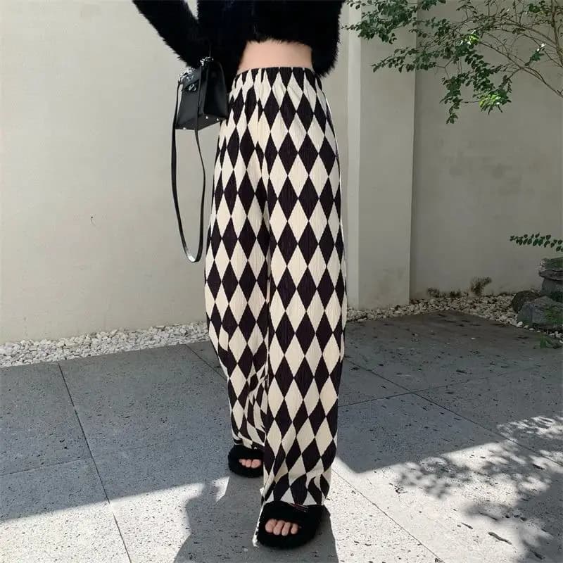 2023 Nuova primavera e l'estate minimalista in bianco e nero con diamanti a quadretti a vita alta casual allentato moda pieghettato pantaloni da pavimento