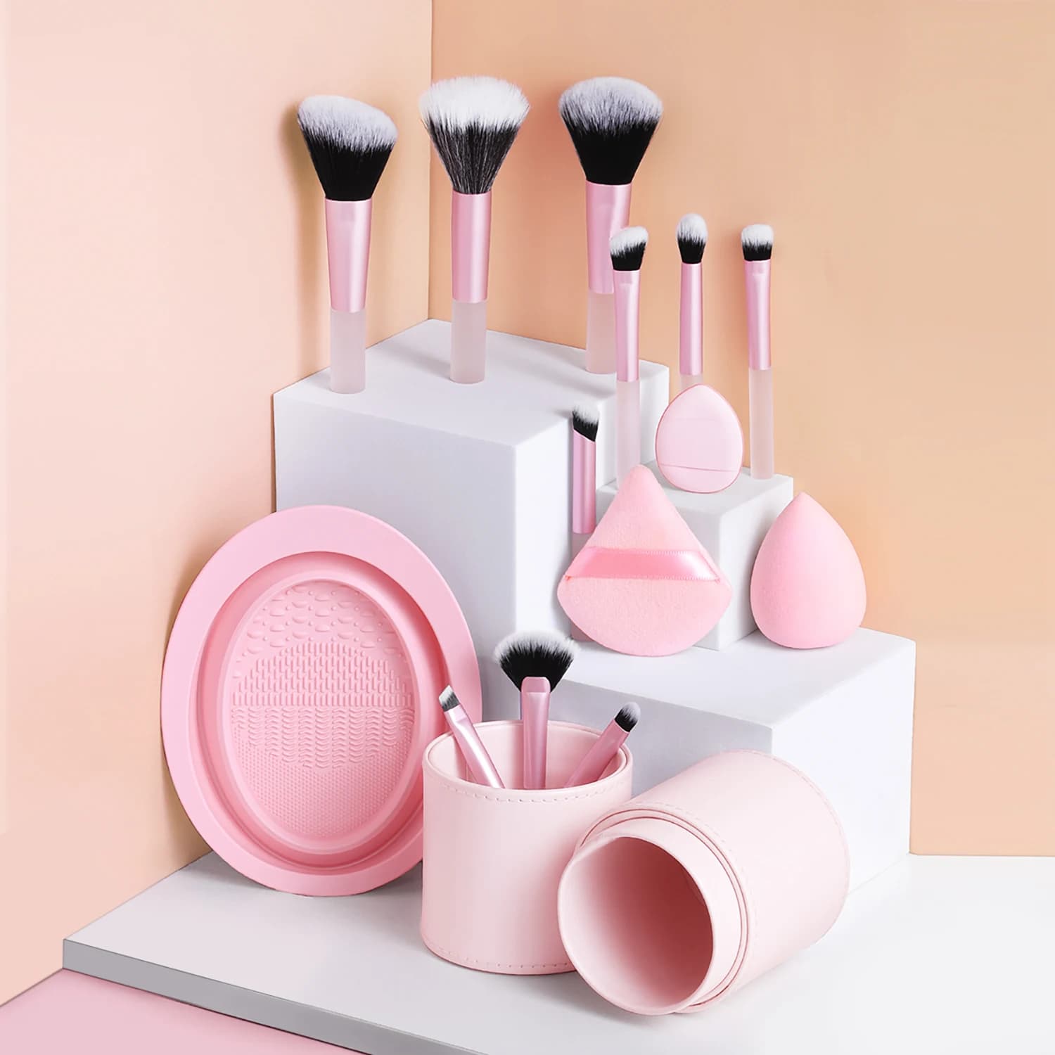 Pennelli per trucco da 10 pezzi con scatola di immagazzinaggio, soffio per polvere di uovo di bellezza antipolvere strumenti per trucco multifunzionali portatili in plastica ABS han