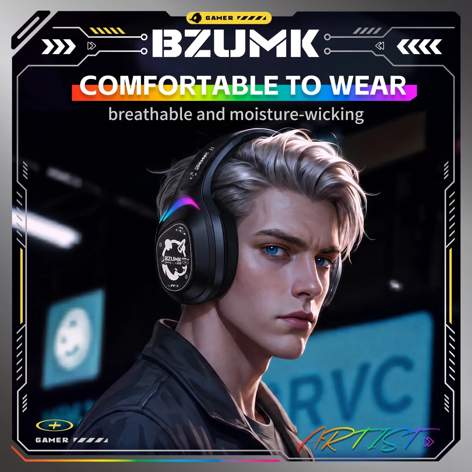 BZUMK Gaming Headphones Soft Cushion Earpads RGB Light Headset For PS5 Xbox PC