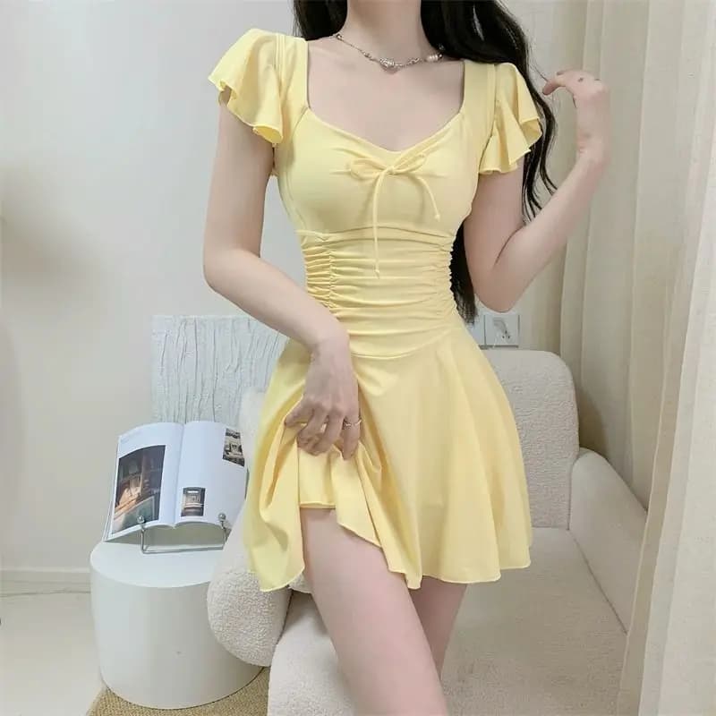 2026 Women Open Back Short Sleeve Swimsuit Solid Color Slimming Bathing Suit with Padding Thermal Spa Hot Spring Swimwear