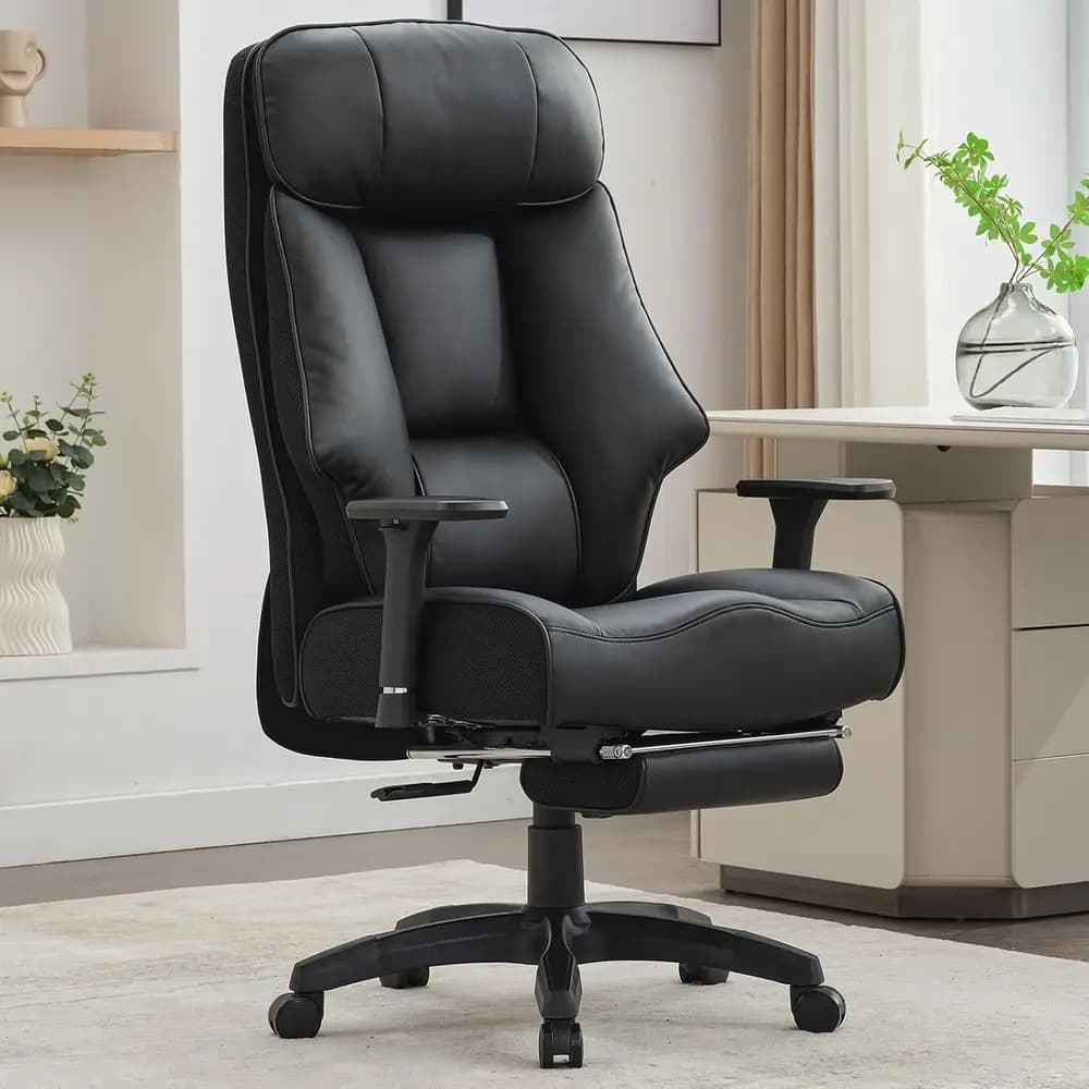 High-Back Ergonomic Office Chair with Footrest, 400lbs Capacity, Thick Cushion, Black PU Leather