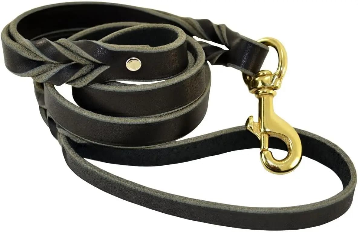Professional K9 Double Handle Leather Leash, 4ft, Black - Heavy Duty Training Leash for Working Dogs