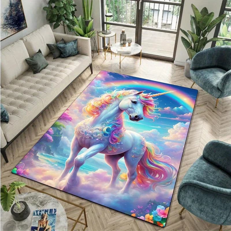 Vibrant Rainbow Unicorn Area Mat - Crystal Velvet 800 g/m2, Anti-slip and washable for living room, bedroom, yoga, bathroom