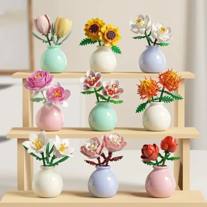 Building Block Pot Plant Bouquet Of Flowers Roses Lily Building Blocks Toys With Flower Pots Cute Living Room Ornaments Gift