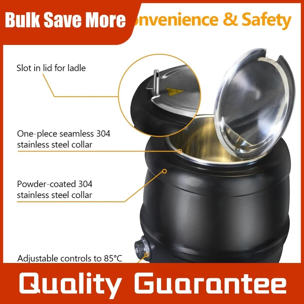 10L Soup Kettle with Lid Hinged Buffet Warming Pot Stainless Steel Electric Soup Warmer for Restaurants and Party Home Catering