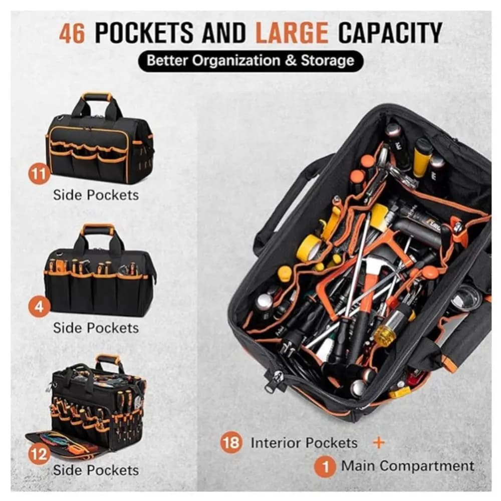 17'' Large Capacity Portable Tool Kit 46 Pockets with Shoulder Strap Heavy Duty Tool Organizer Wear-resistant Waterproof Toolkit