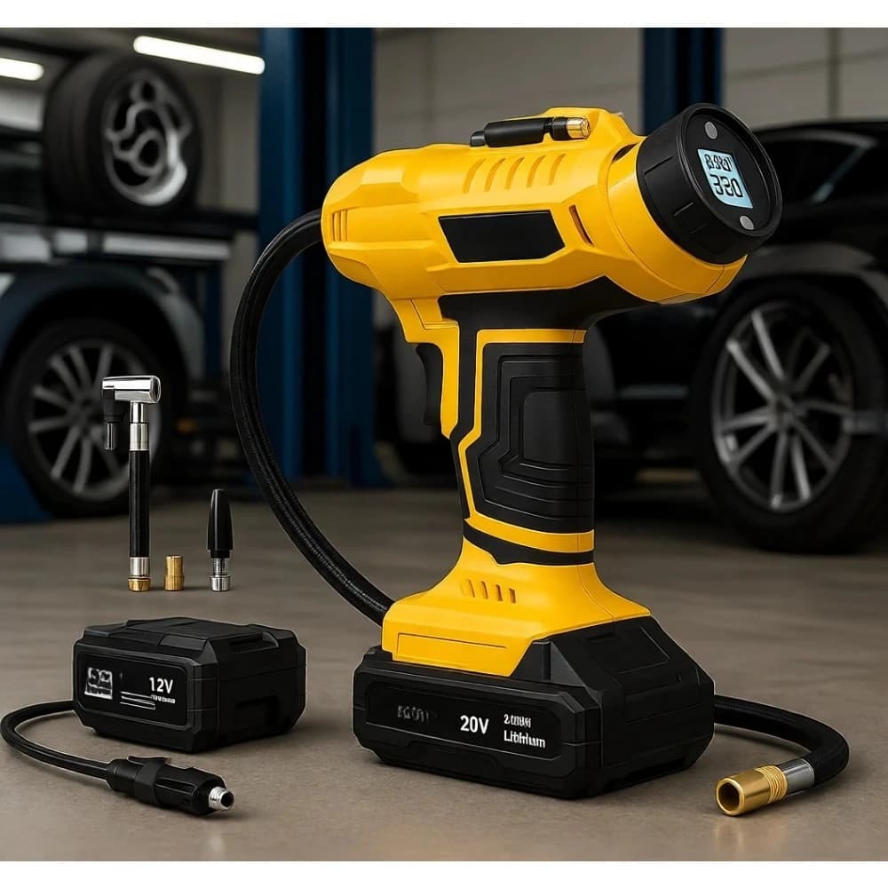 Compressore d'Aria Portatile Senza Fili 20V Ricaricabile 160PSI con Adattatore Auto 12V e Manometro Digitale per Auto e Moto