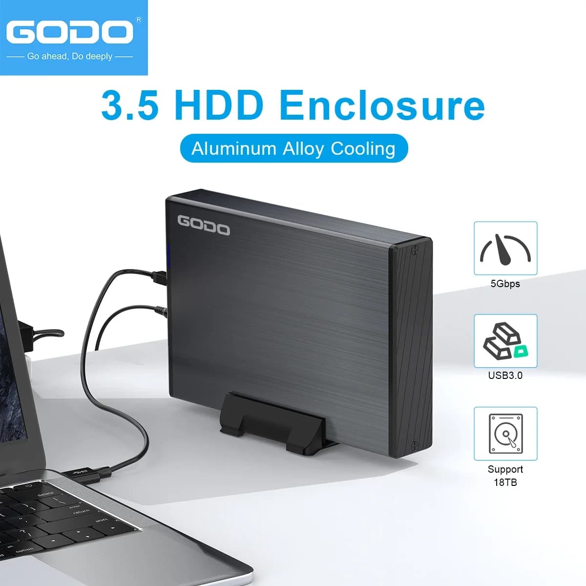GODO USB 3.0 Custodia per disco rigido esterno SATA HDD SSD da 3,5 pollici in lega di alluminio da 18 TB con adattatore di alimentazione e supporto