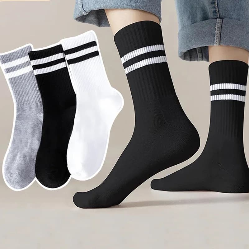 Men Breathable Mid Calf Socks Simple Black White Striped Casual Daily Wear Premium Comfort Round Toe Socks Four Seasons Style