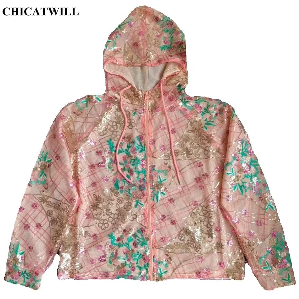 Giacca da donna europea chic con paillettes Elegante cappotto floreale rosa bling colorato Capispalla con cappuccio a maniche lunghe allentato casual Ins Spring