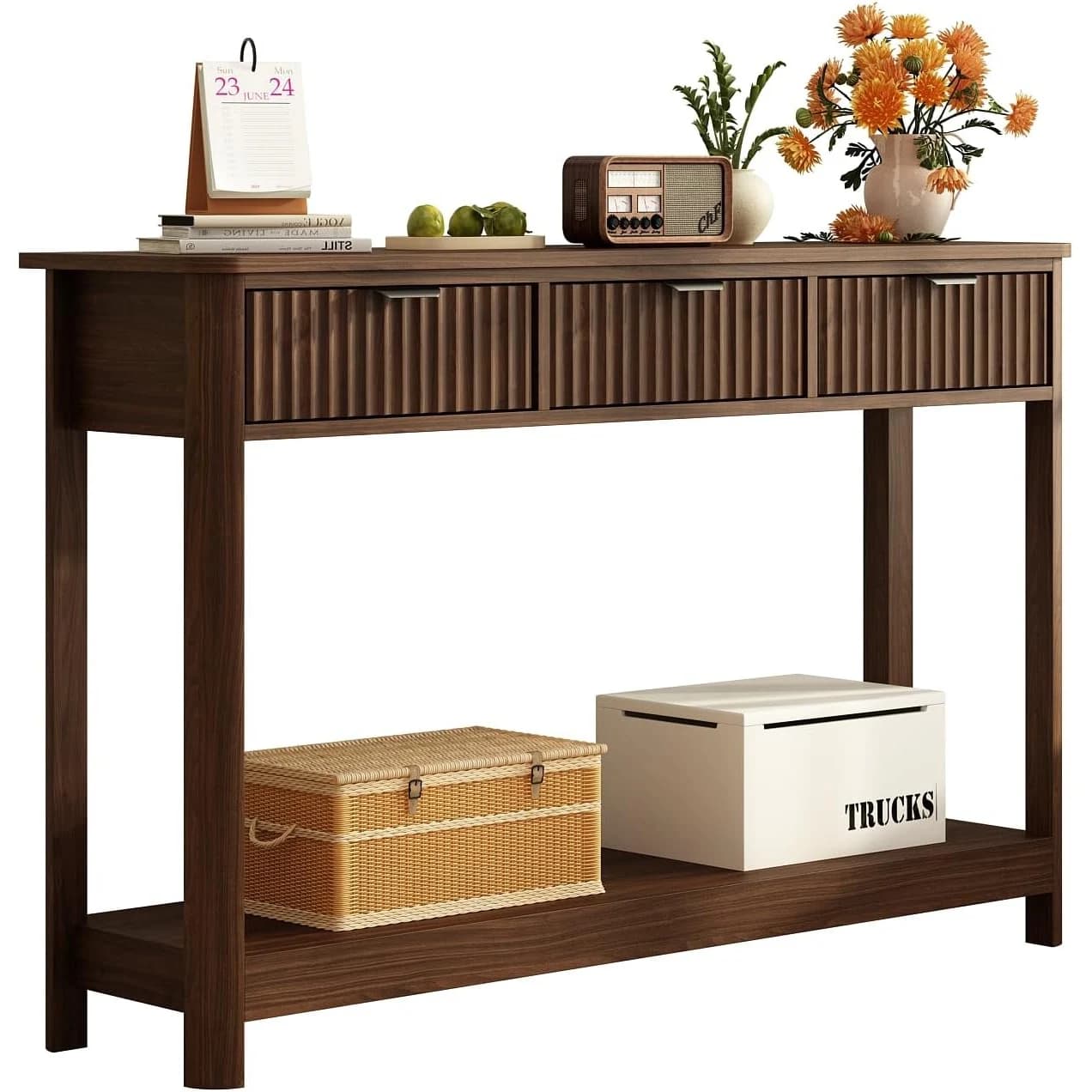 Fluted Wood Console Table with 3 Drawers, 47.2" Boho Entryway Table