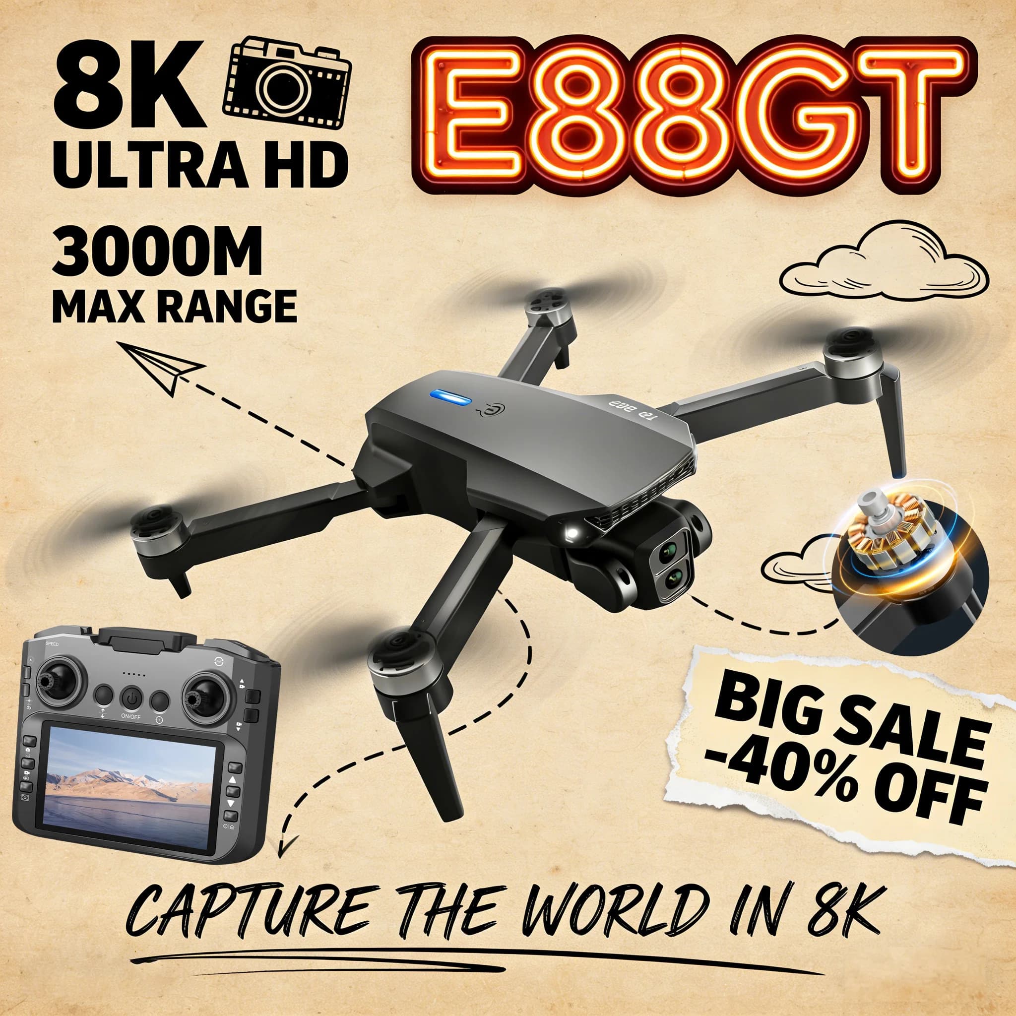 Nuovo Drone E88GT 2026 con Motore Brushless, Doppia Fotocamera HD Integrata, Luci di Navigazione Notturna a LED, Bracci Pieghevoli e WiFi