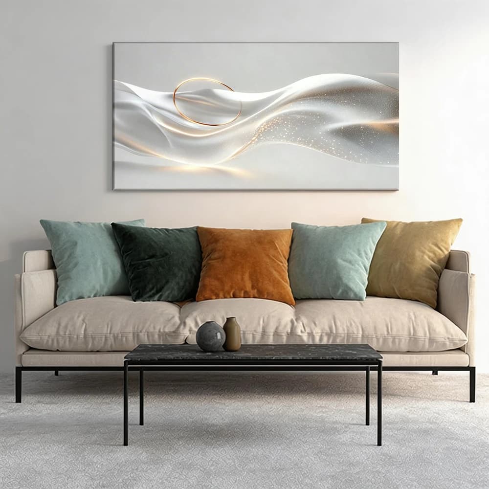 Painted on canvas with large wooden frame, 1 piece, ethereal fabric with golden ring.
