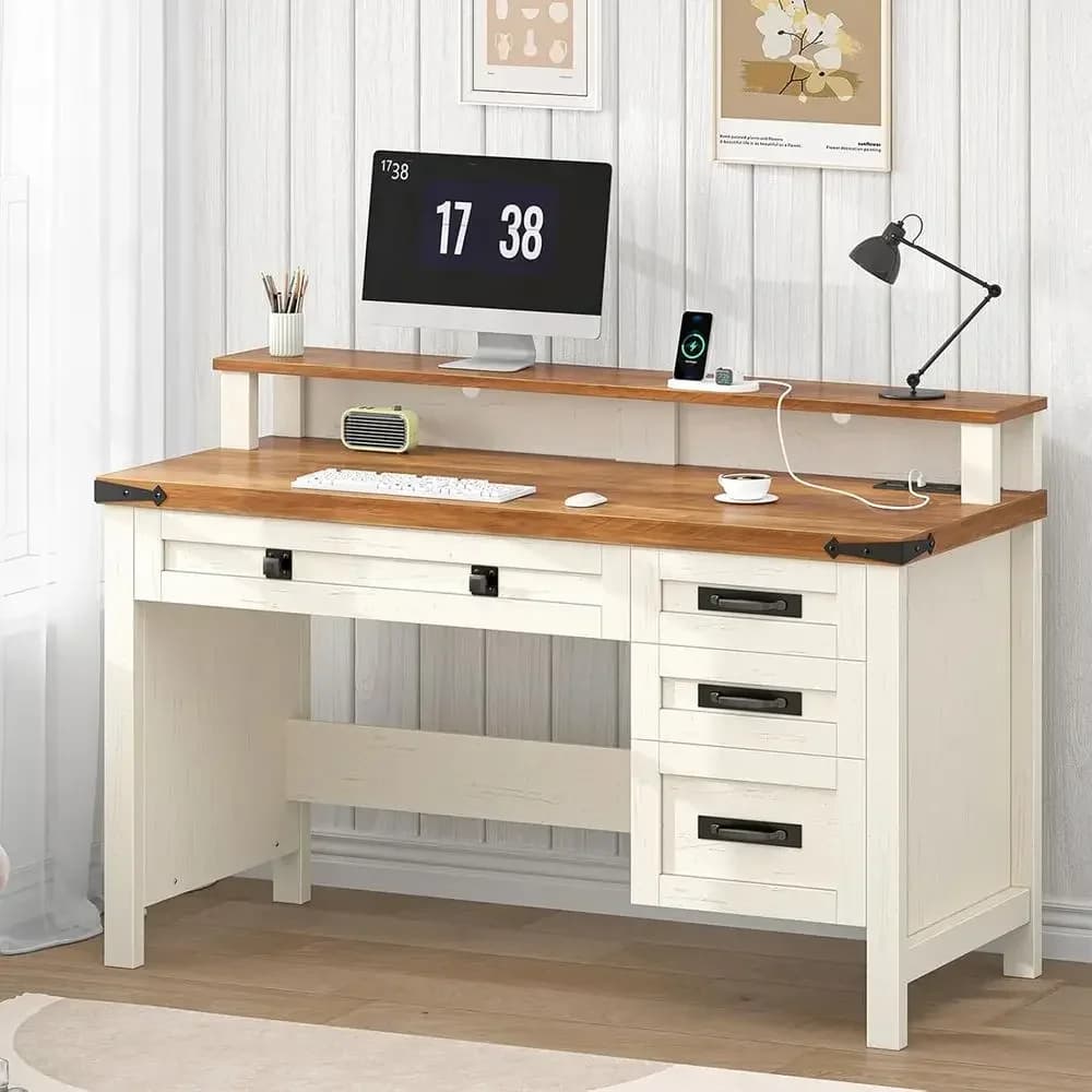 47 Antique White Computer Desk with Power Outlets, Monitor Stand, and 4 Drawers for Home Office
