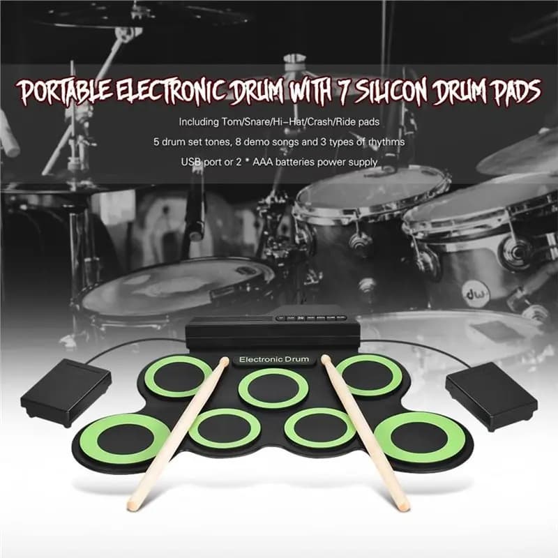 ABKV-Hand Roll USB Electronic Drum Practice Pad Set Portable With Drumsticks And Sustain Pedal For Kids And For Beginners