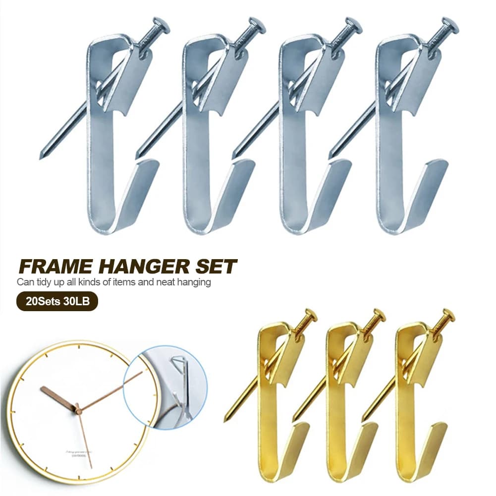 20 Set di Ganci Dorati Resistenti da 30LB con Chiodi per Appendere Quadri, Cornici, Specchi e Dipinti su Cartongesso