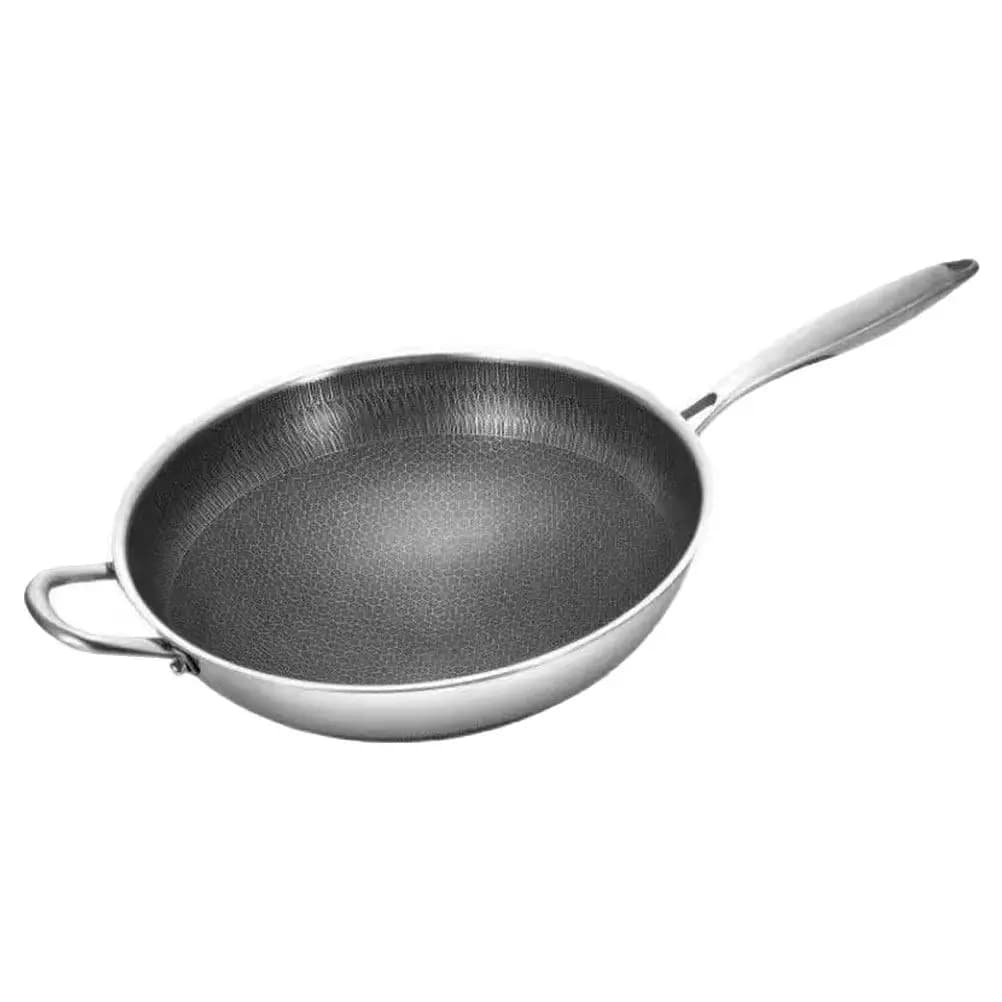 Padella Wok in Acciaio Inox a Nido d'Ape con Doppio Manico, Robusta per Frittura, Omelette, Salsicce, Carne, per Cucina a Gas