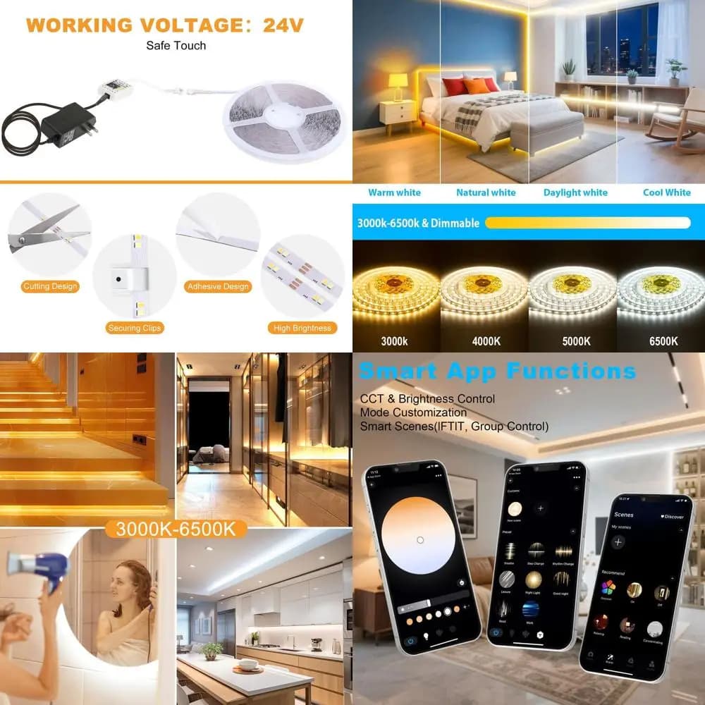 Strisce LED Flessibili Dimmerabili 24V, 30m, 3000K-6500K, Controllo Intelligente con APP e Telecomando, Adatte per Illuminazione di Armadi e Stanze