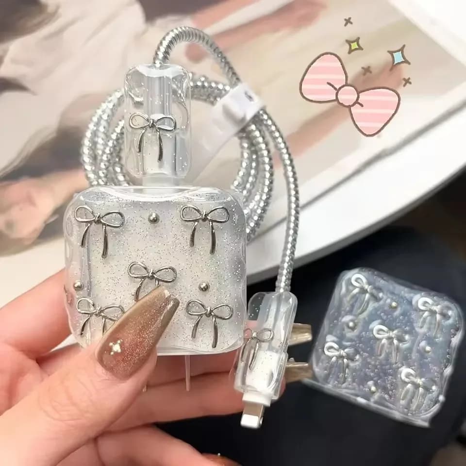 Bowknot Transparent USB Cable Protective Case for Apple iPhone 18/20W Rechargeable cable Anti-scratch protective housing Data line winder kit