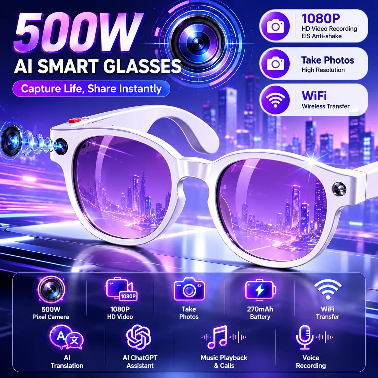 LIGE New 1080P Camera Recording Wireless Call AI Glasses 500W Pixel Anti-shake Glasses AI voice control Men Women Smart Glasses