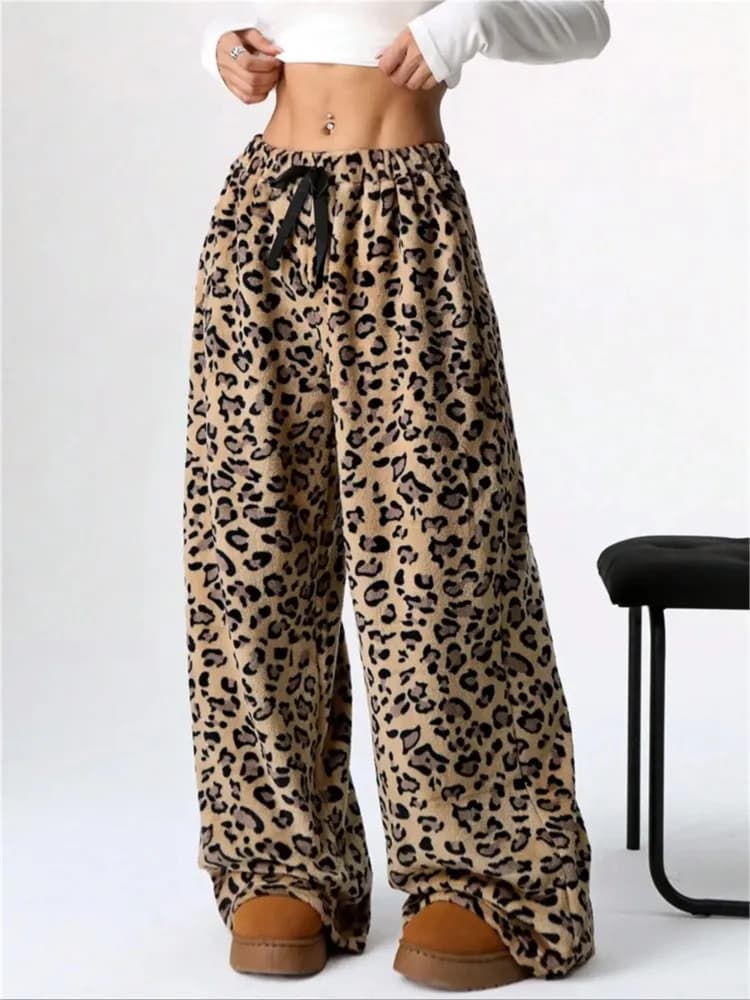 Pantaloni lunghi da donna casual larghi a gamba larga Cintura elastica con coulisse Cravatta Pantaloni da pigiama Pantaloni da salotto a gamba larga con stampa leopardata