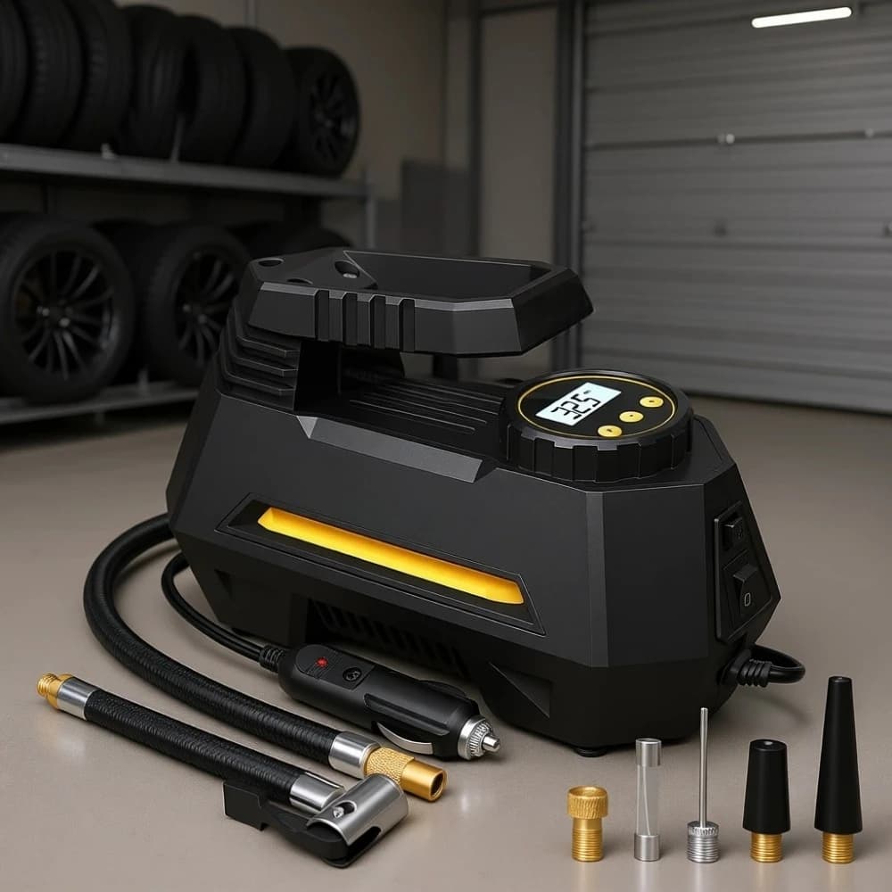Compressore d'Aria Portatile 12V con Manometro Digitale, Cavo da 3m e Luce LED per Auto, Biciclette e Palloni