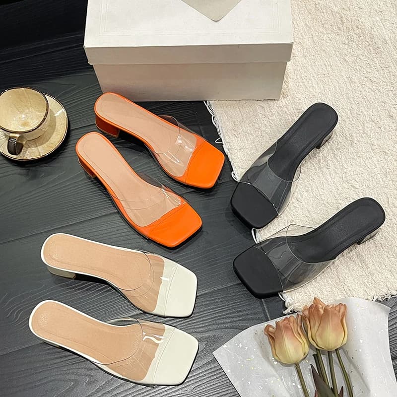 Square Toe Block Heel 2026 Summer New High-heeled Open-toe One-slip Slippers Women's Mid-heel Wear Cool Mopping