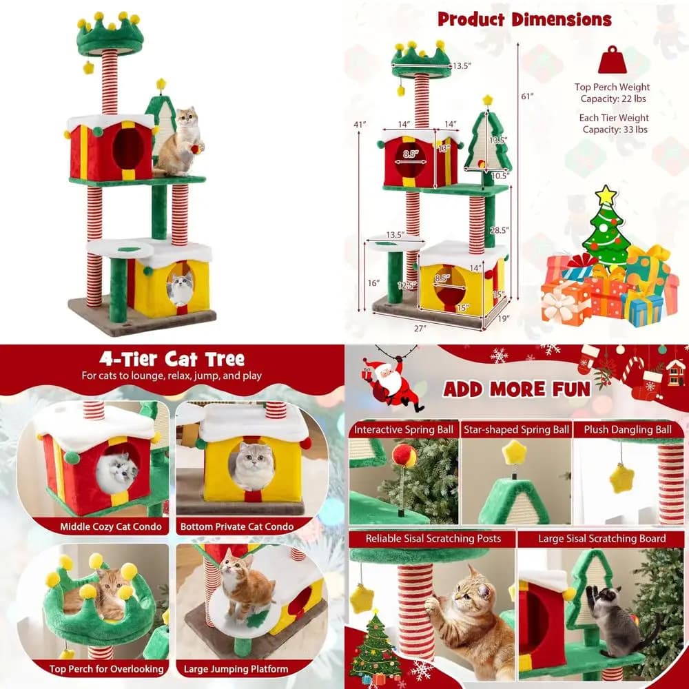 Albero per Gatti a 61 Livelli a Tema Natalizio con Pali in Sisal, Casette Regalo, Top in Peluche e Giocattoli