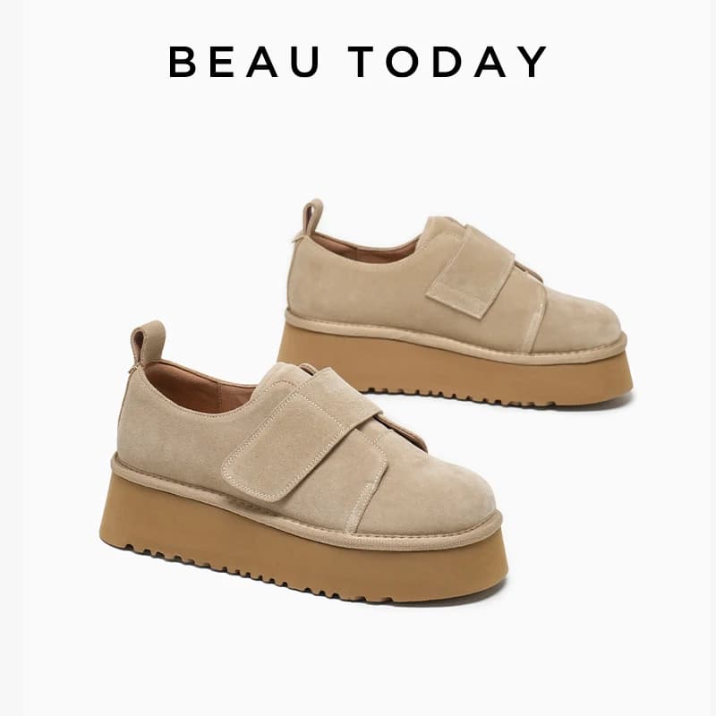 BEAUTODAY Casual Flats Donna Mocassini in pelle scamosciata di mucca Hook Loop Punta tonda Donna Scarpe con suola spessa fatte a mano 24092