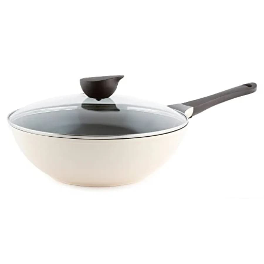 Eela Wok Antiaderente da 12'' con Coperchio in Vetro, Padella per Saltare in Padella con Rivestimento Ceramico Senza POFA per Cuocere Verdure, Carne, Pesce